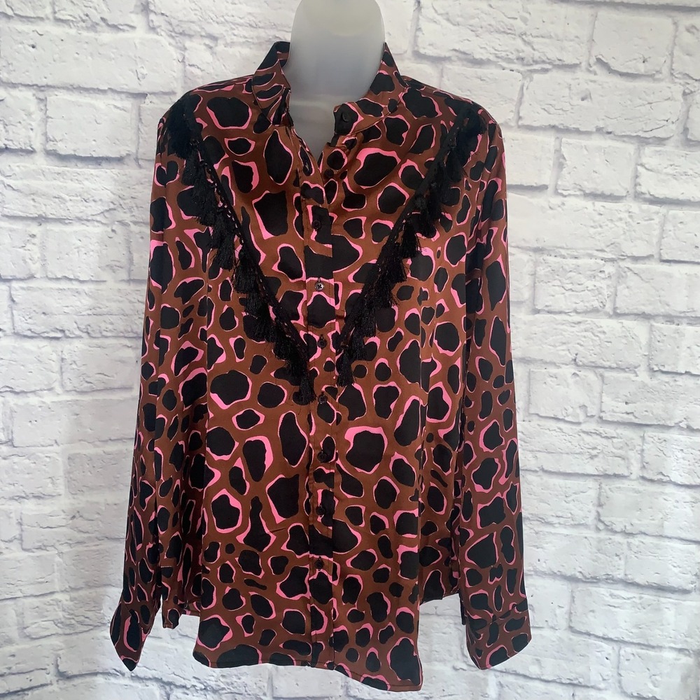Rochelle Behrens The Shirt XL Leopard Print‎ Fringe Button Down Blouse Top NWT